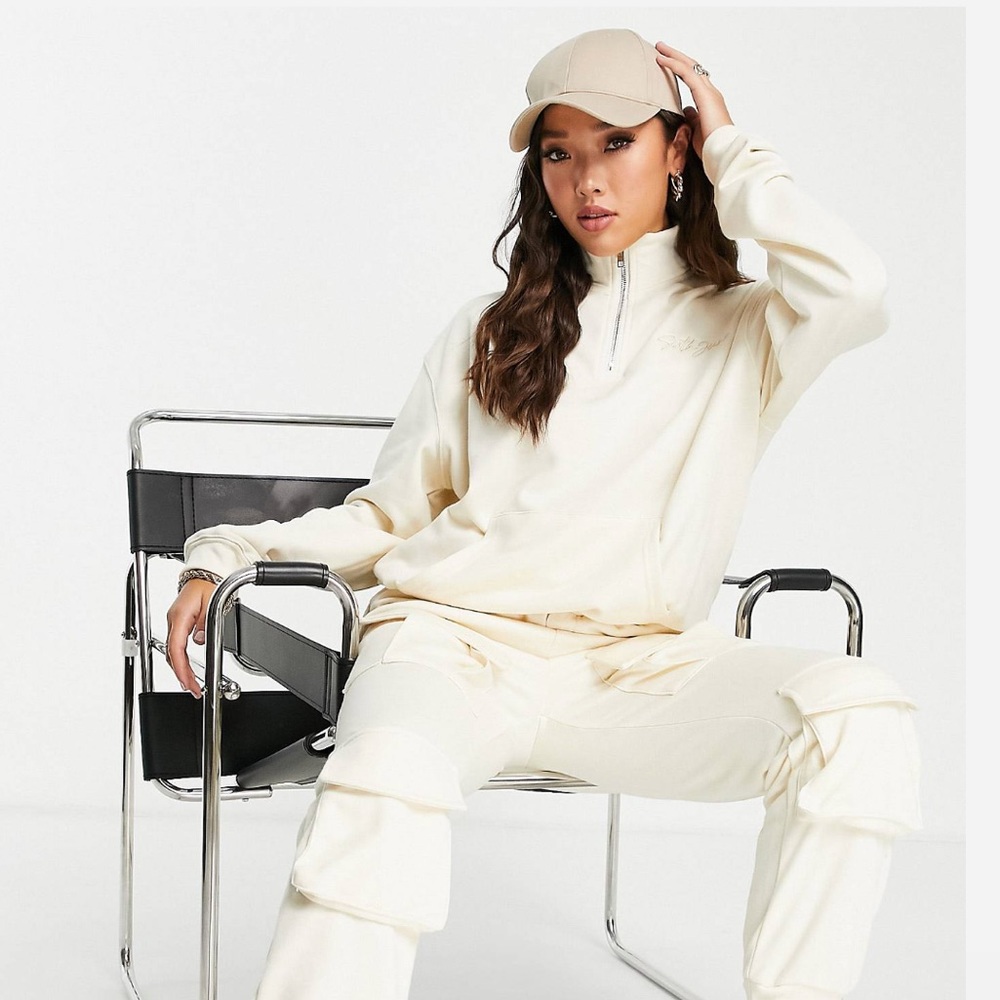 Sixth June unisex relaxed high neck zip up sweatshirt in stone set